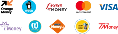 Moyens de paiement acceptés - Orange Money, Wave, Free Money, Mastercard, Visa, E-Money, Wizall, Moov Money, MTN, TMoney